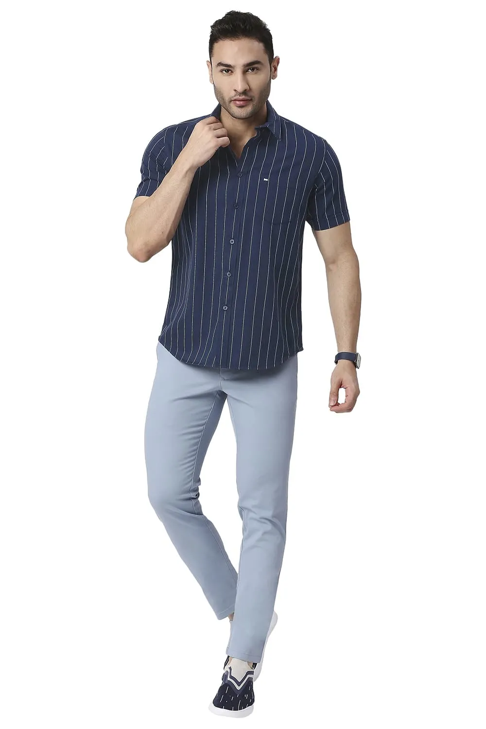 Slim Fit Cotton Twill Stripe Halfsleeves Shirt