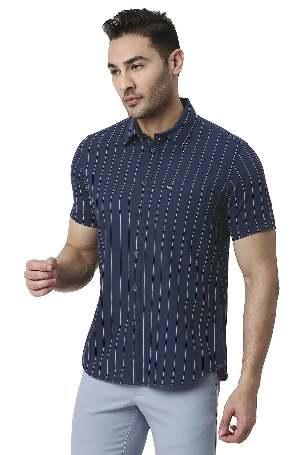 Slim Fit Cotton Twill Stripe Halfsleeves Shirt