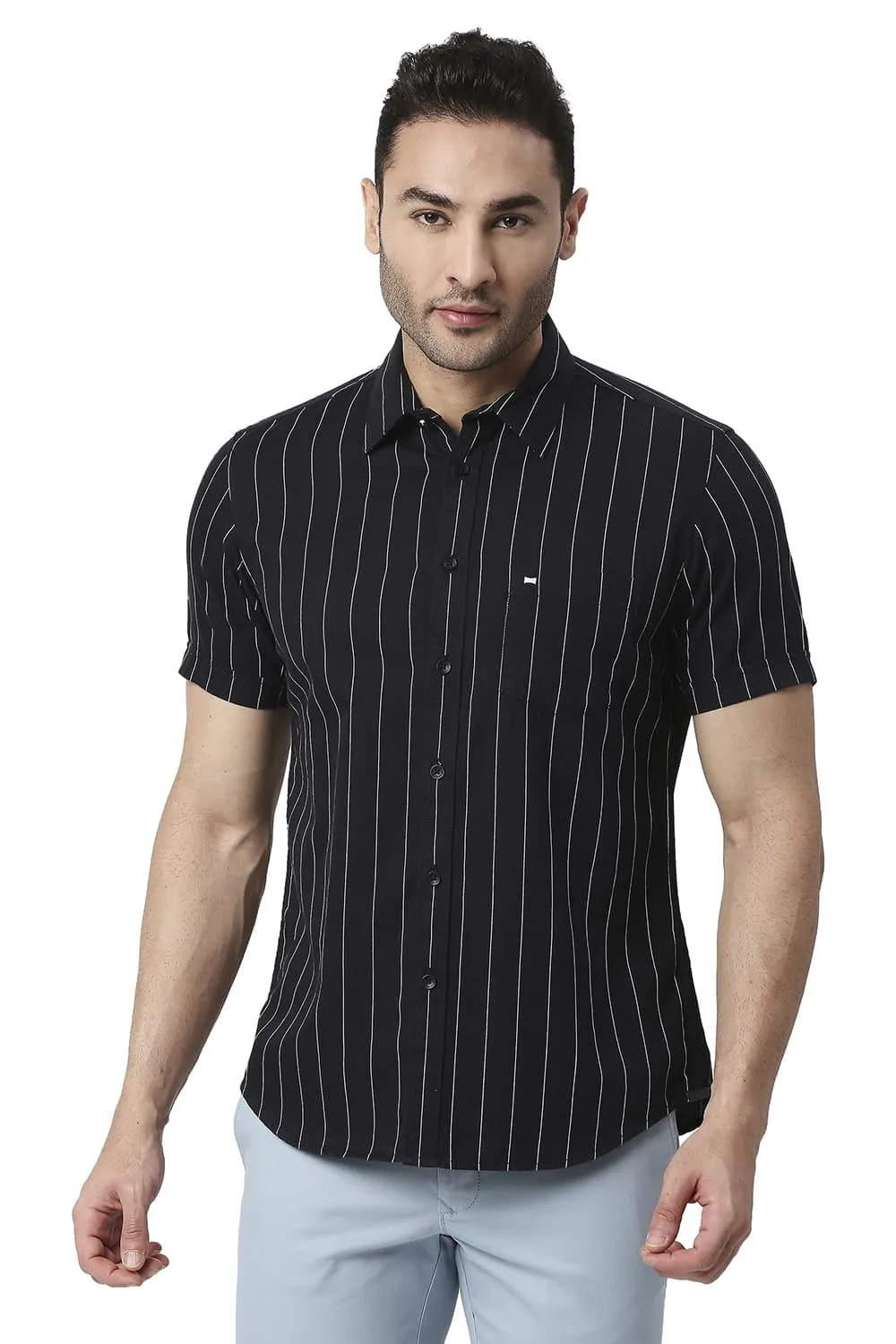 Slim Fit Cotton Twill Stripe Halfsleeves Shirt