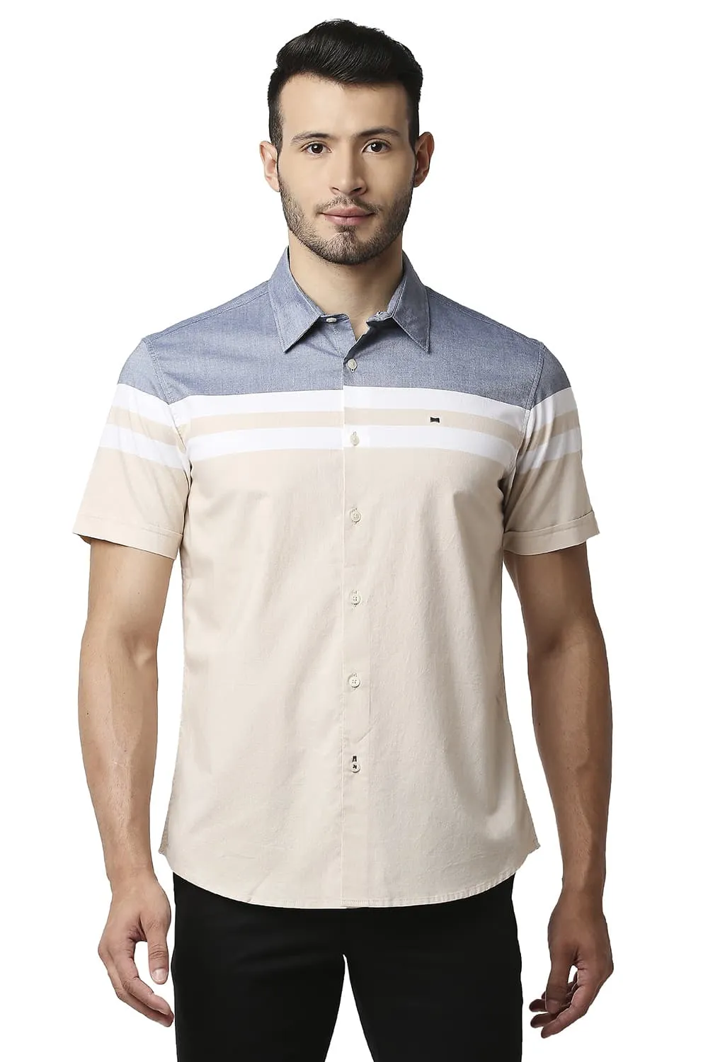 Slim Fit Oxford Engineering Weft Stripe Halfsleeves Shirt