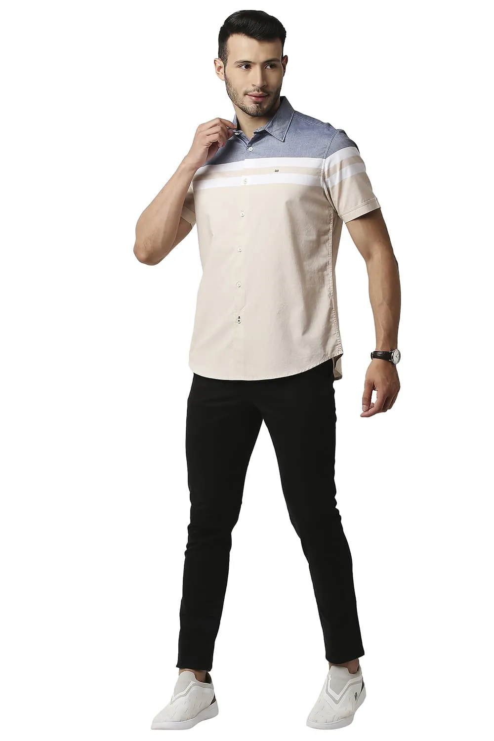 Slim Fit Oxford Engineering Weft Stripe Halfsleeves Shirt