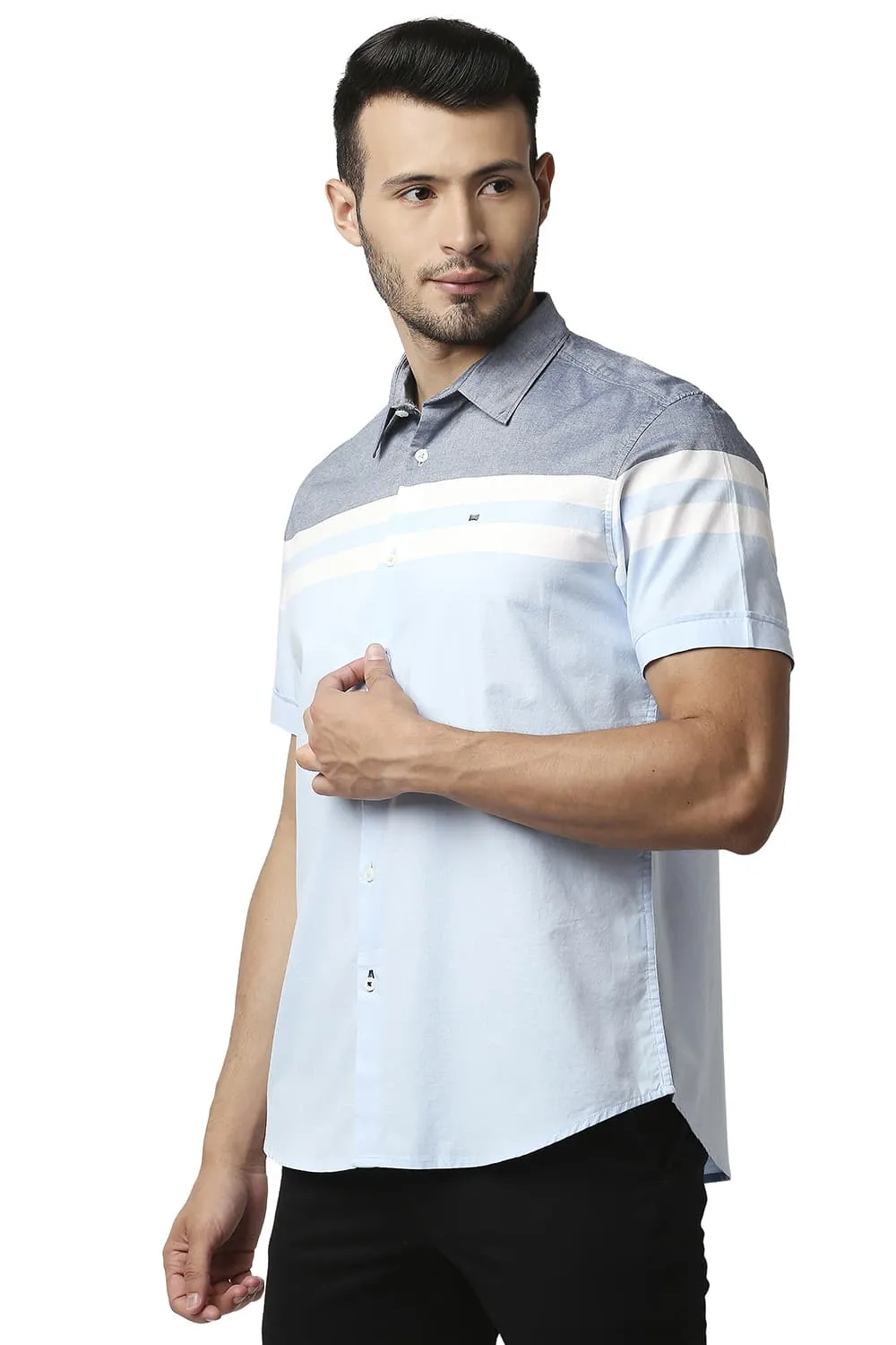Slim Fit Oxford Engineering Weft Stripe Halfsleeves Shirt