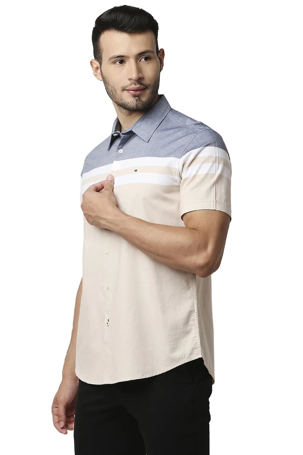 Slim Fit Oxford Engineering Weft Stripe Halfsleeves Shirt