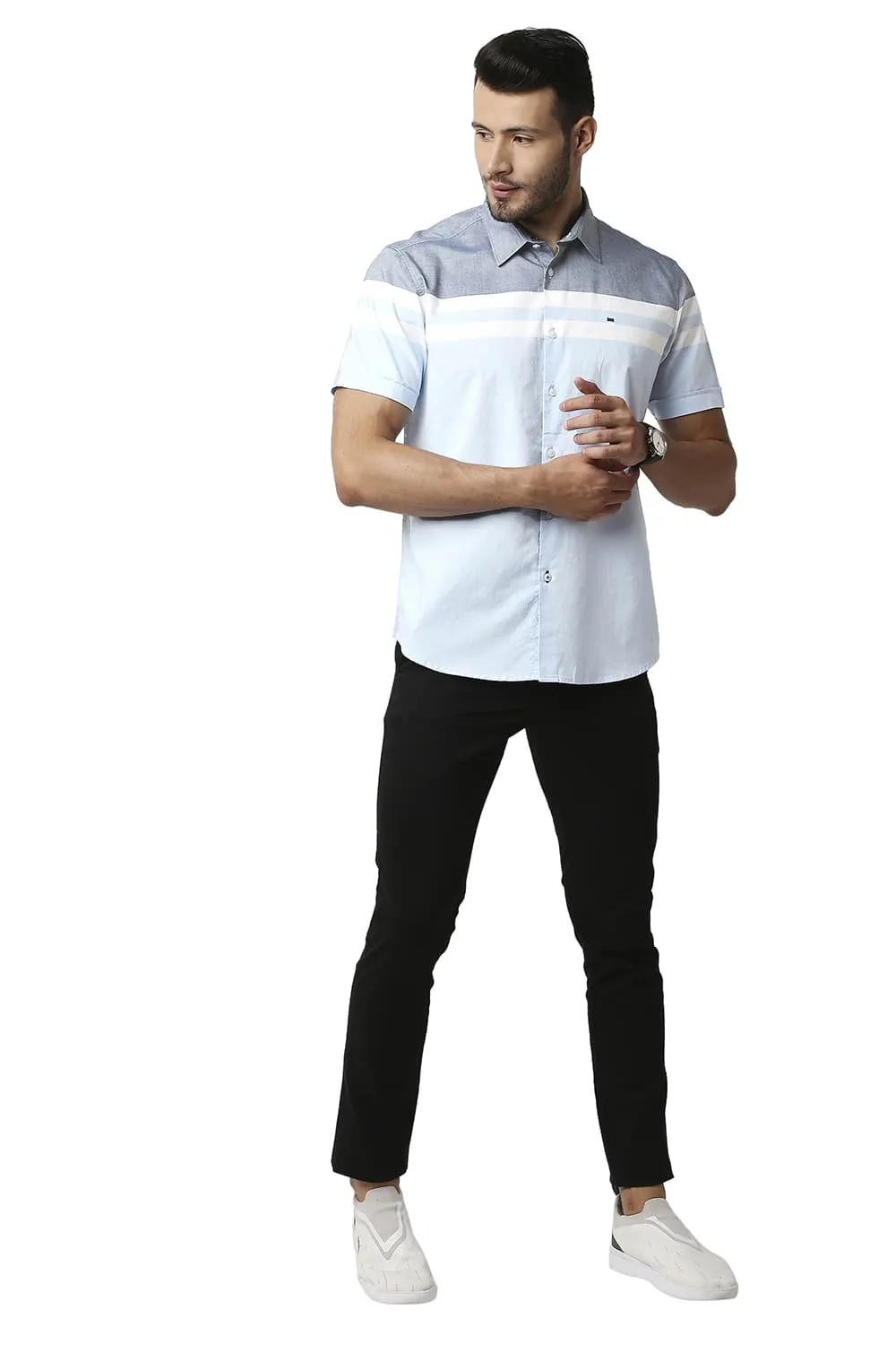 Slim Fit Oxford Engineering Weft Stripe Halfsleeves Shirt
