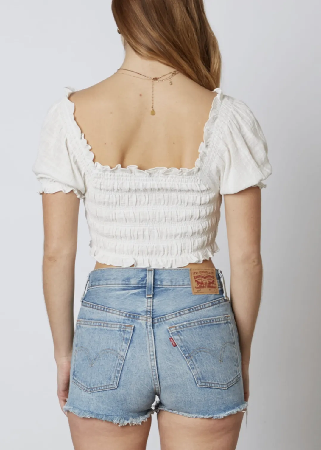 Smocked Ruched Tie Peasant Crop Top