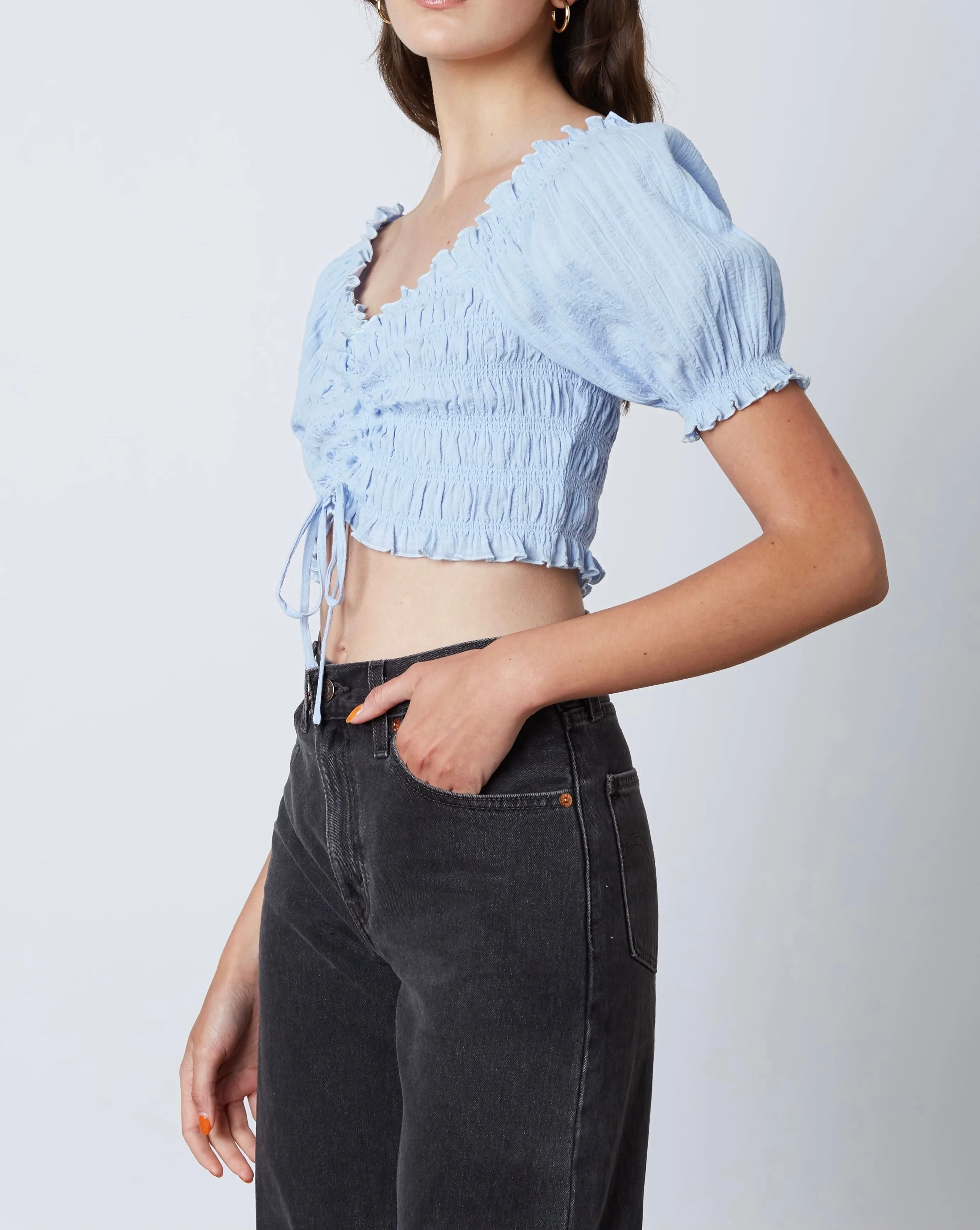 Smocked Ruched Tie Peasant Crop Top