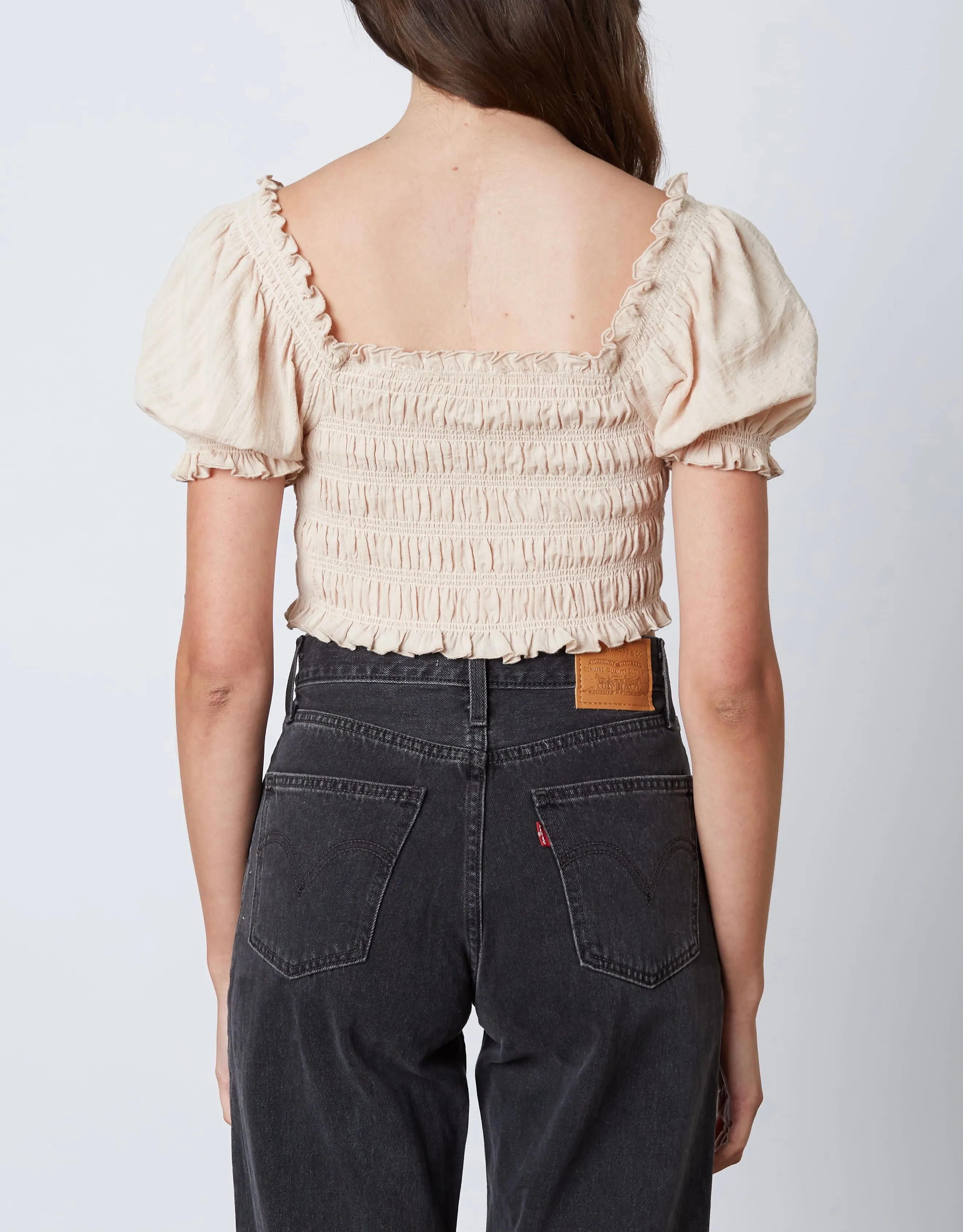Smocked Ruched Tie Peasant Crop Top