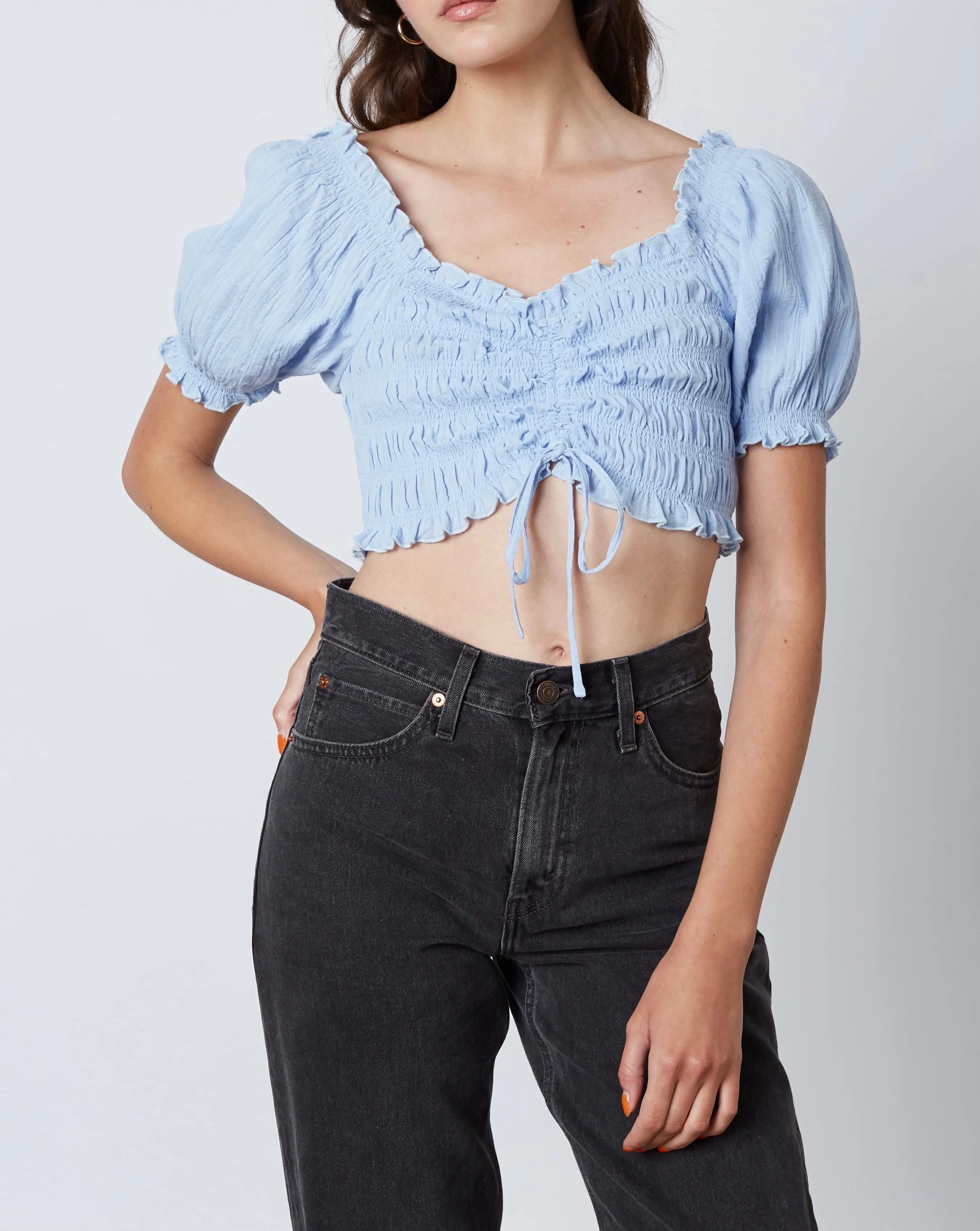 Smocked Ruched Tie Peasant Crop Top