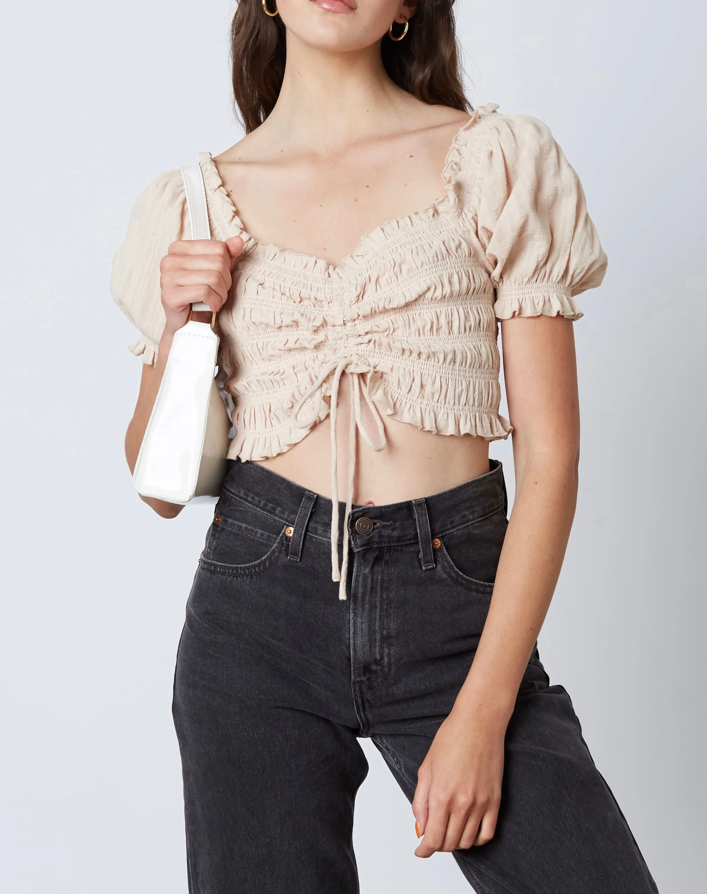 Smocked Ruched Tie Peasant Crop Top