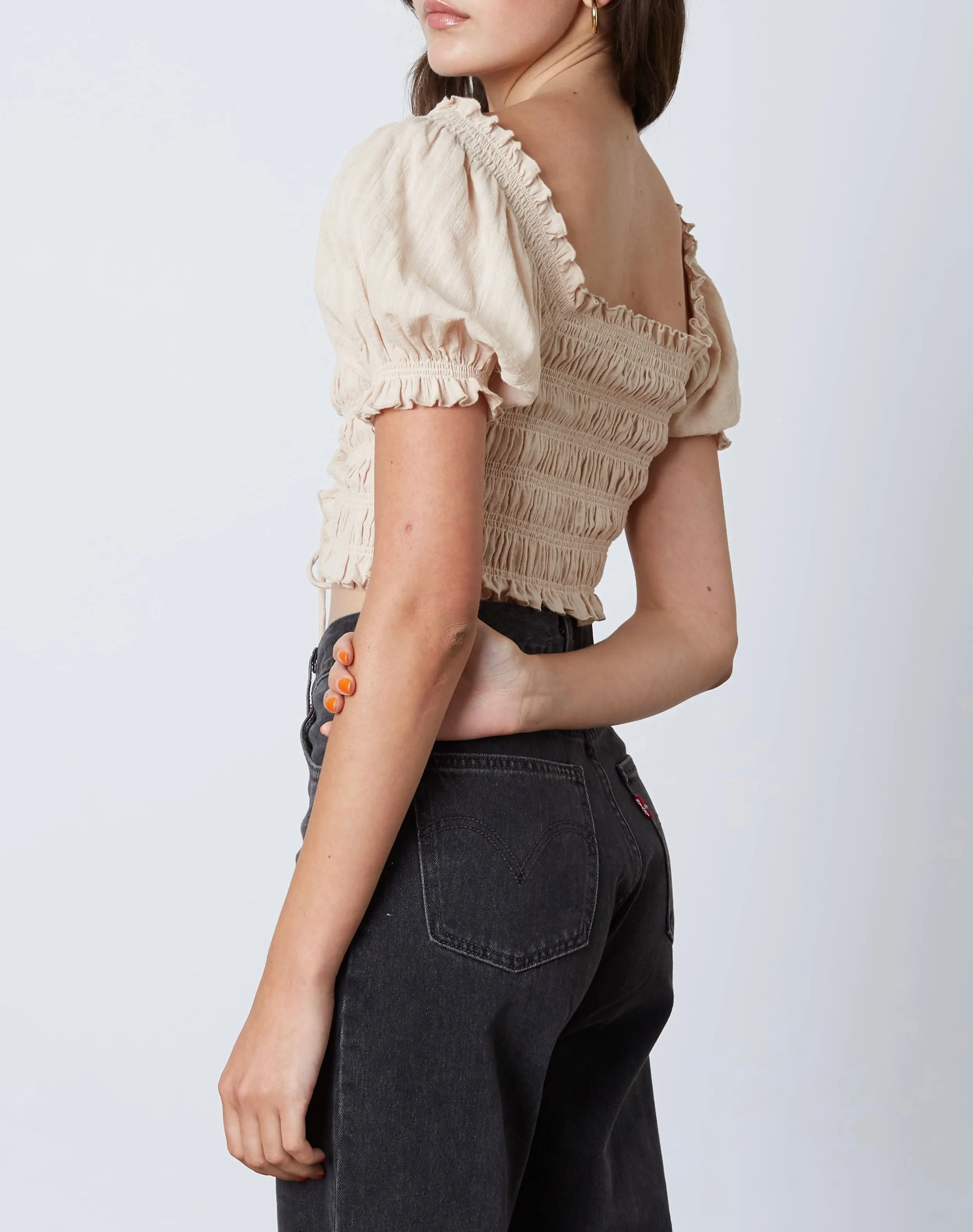 Smocked Ruched Tie Peasant Crop Top