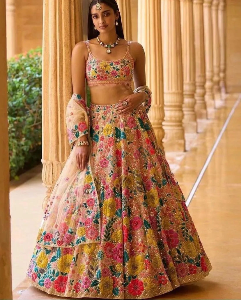 Soft Net Beautiful Heavy Multi Sequence Work Lehengha Choli,Soft Mono Net With Raw Silk Inner Blouse With Net Dupatta