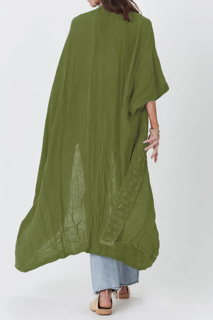 Solid Embroidery Half Sleeve Flowy Kimono Cardigan