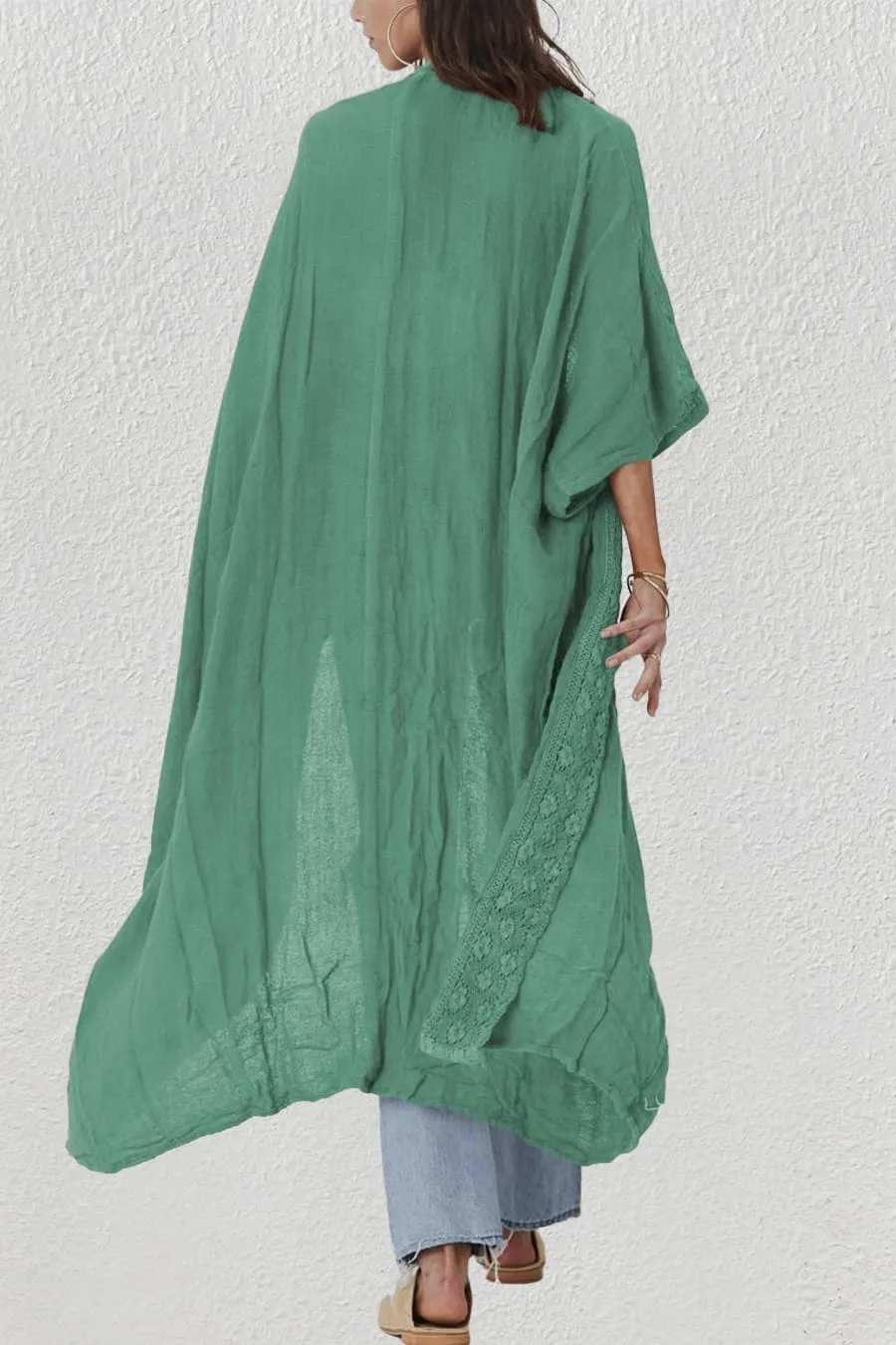 Solid Embroidery Half Sleeve Flowy Kimono Cardigan
