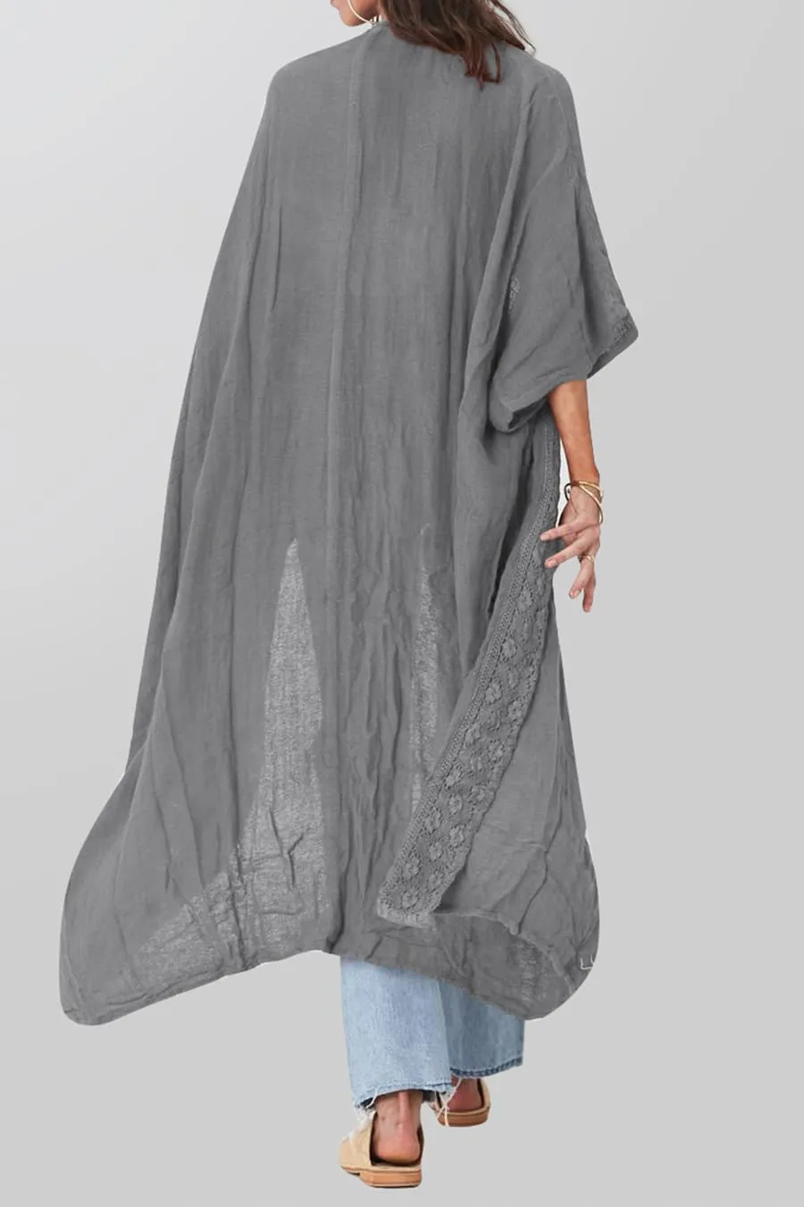 Solid Embroidery Half Sleeve Flowy Kimono Cardigan