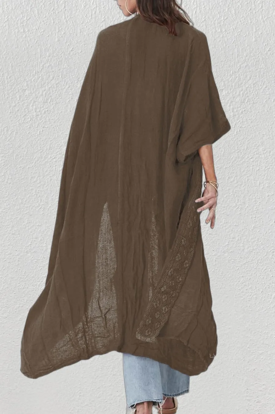 Solid Embroidery Half Sleeve Flowy Kimono Cardigan