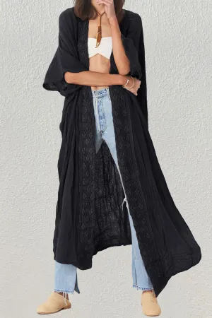 Solid Embroidery Half Sleeve Flowy Kimono Cardigan