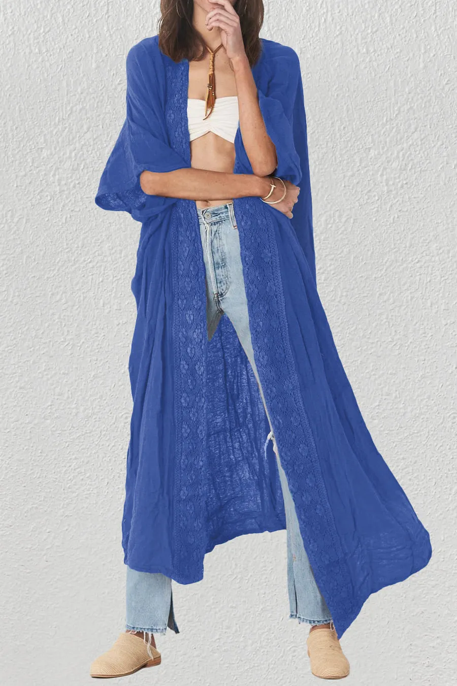 Solid Embroidery Half Sleeve Flowy Kimono Cardigan