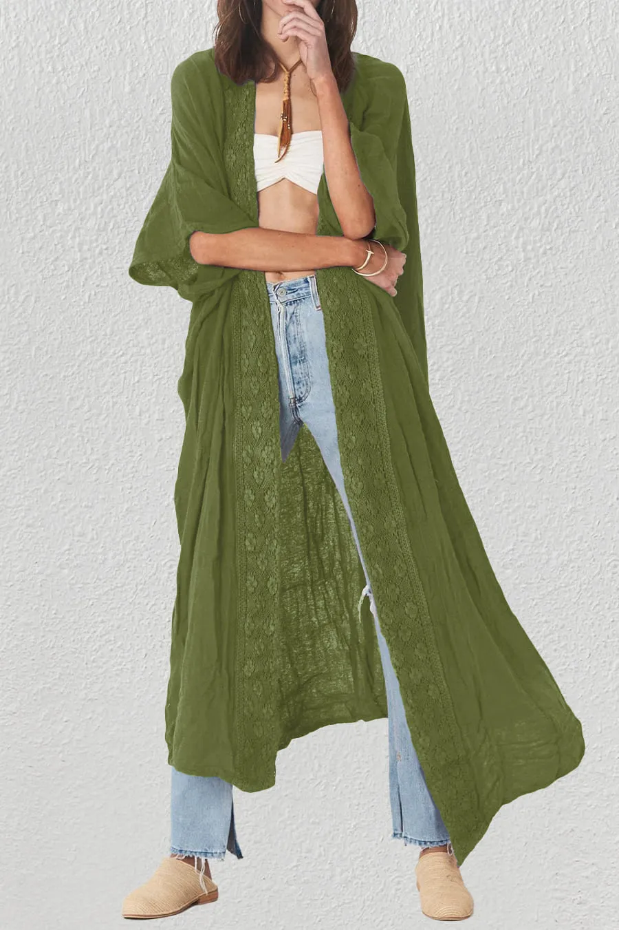 Solid Embroidery Half Sleeve Flowy Kimono Cardigan
