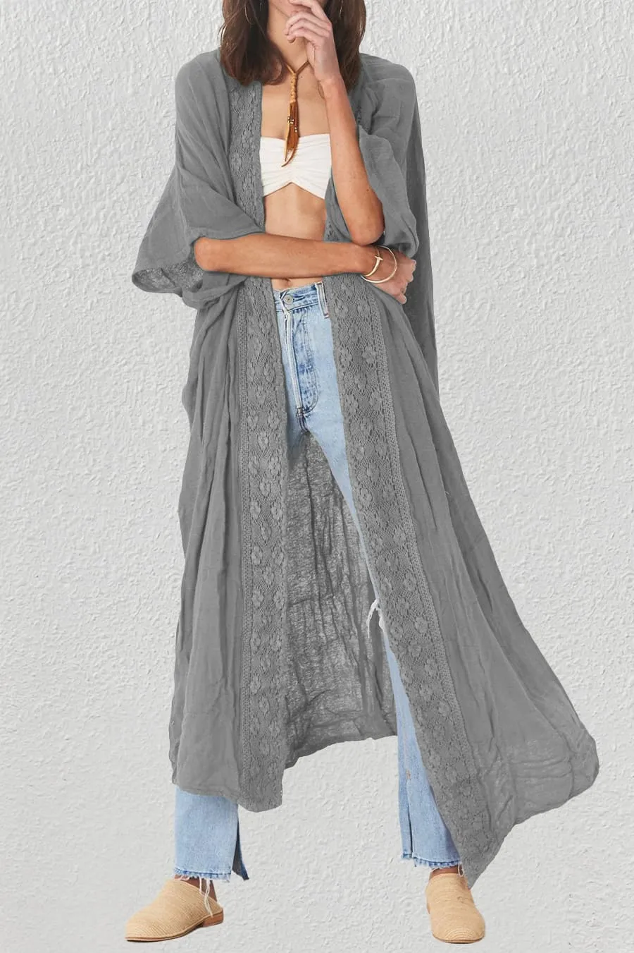 Solid Embroidery Half Sleeve Flowy Kimono Cardigan