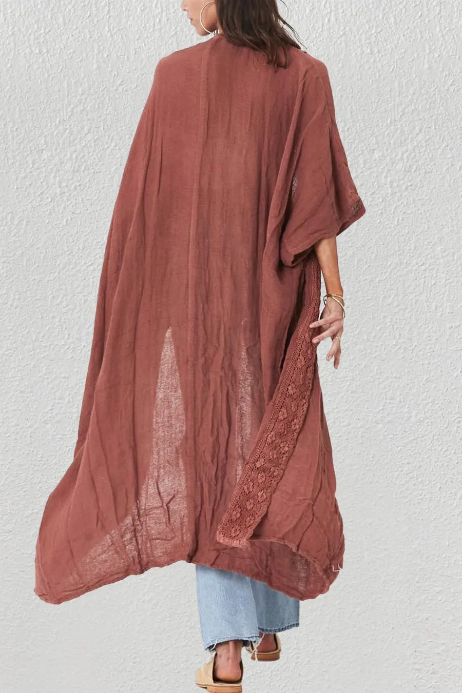 Solid Embroidery Half Sleeve Flowy Kimono Cardigan