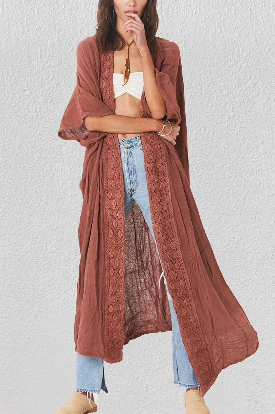 Solid Embroidery Half Sleeve Flowy Kimono Cardigan