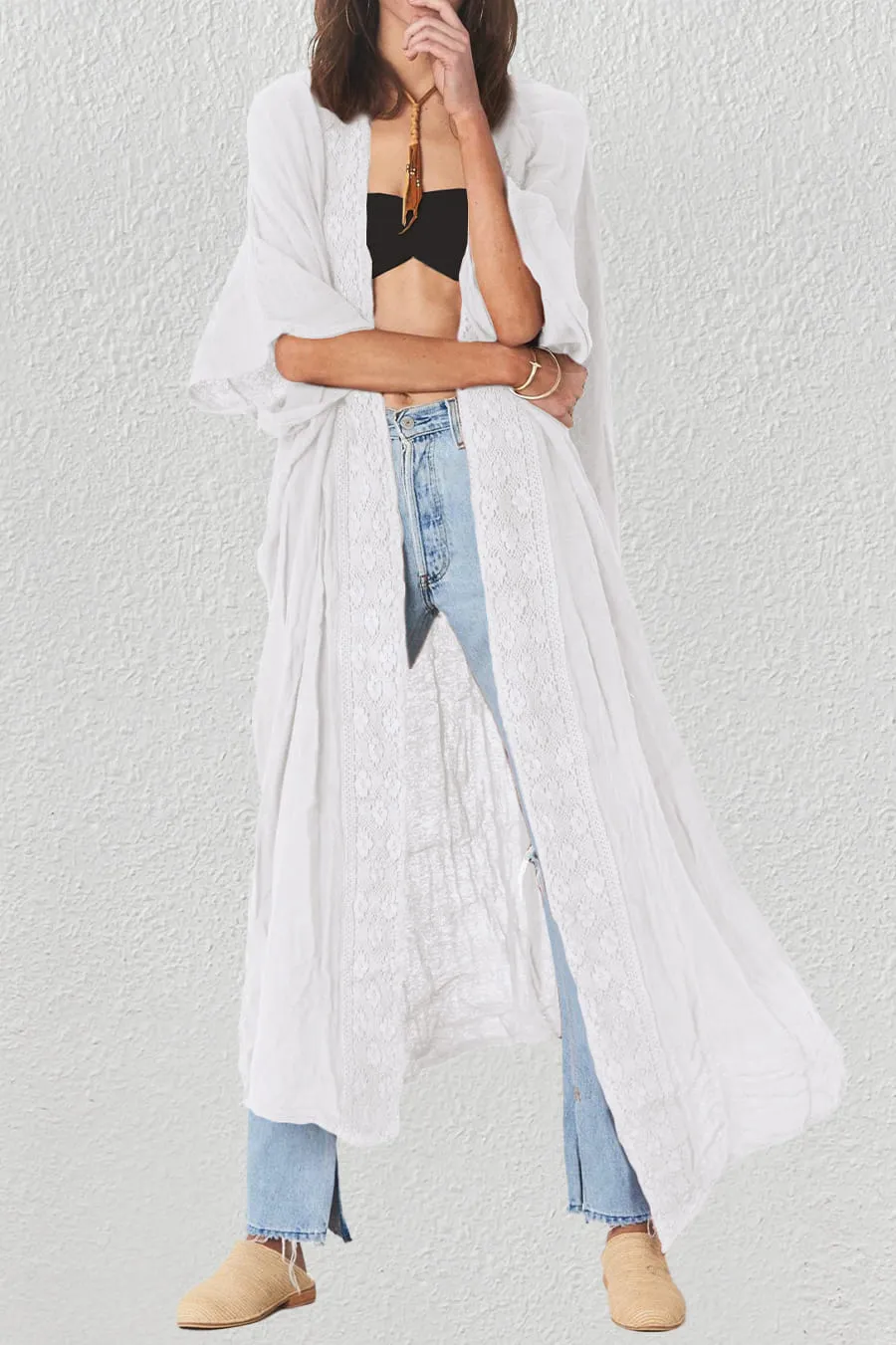 Solid Embroidery Half Sleeve Flowy Kimono Cardigan