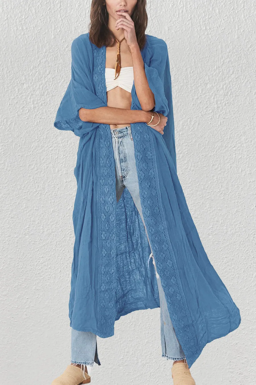 Solid Embroidery Half Sleeve Flowy Kimono Cardigan