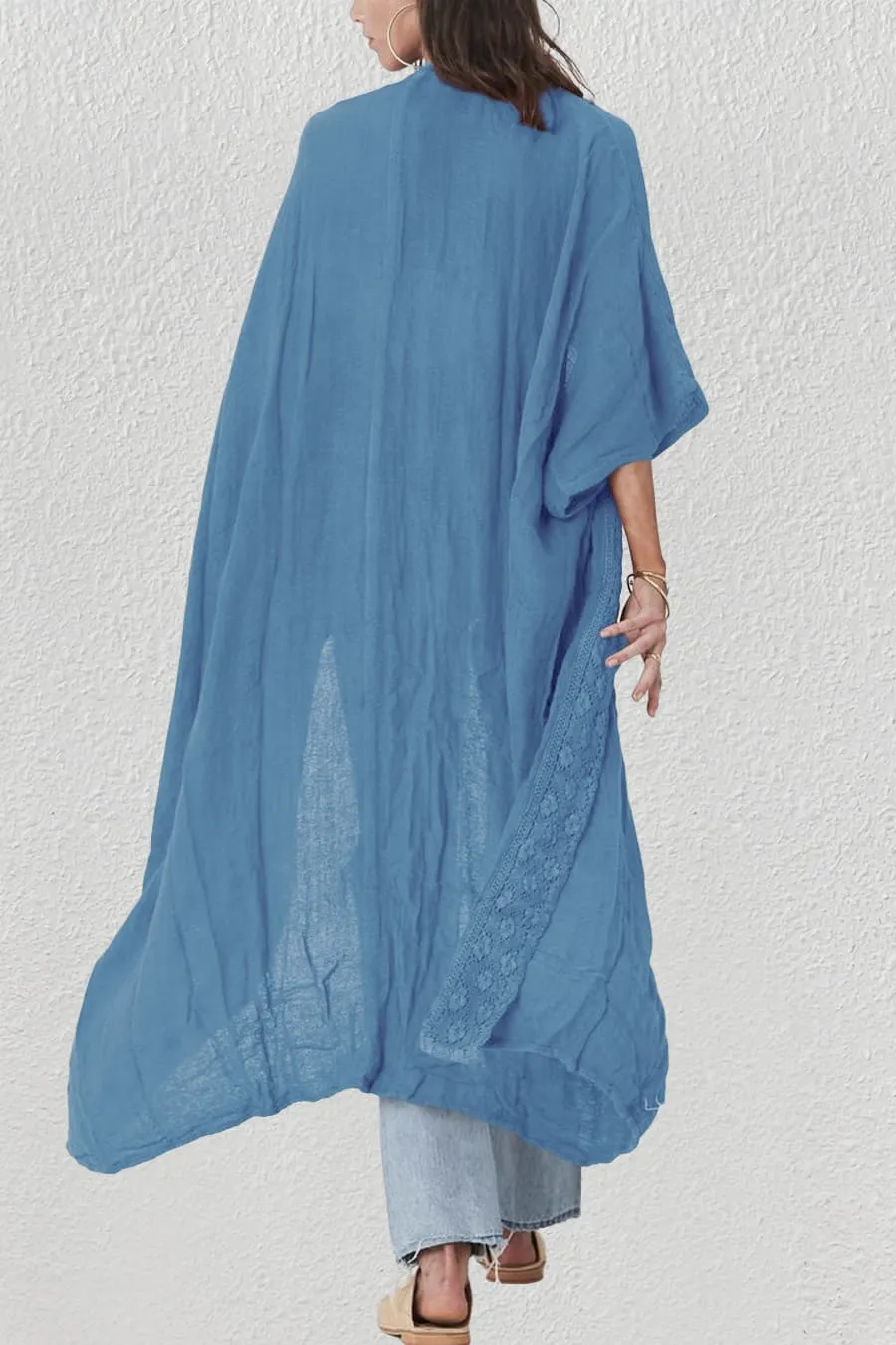Solid Embroidery Half Sleeve Flowy Kimono Cardigan