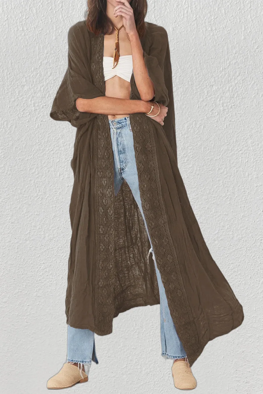 Solid Embroidery Half Sleeve Flowy Kimono Cardigan