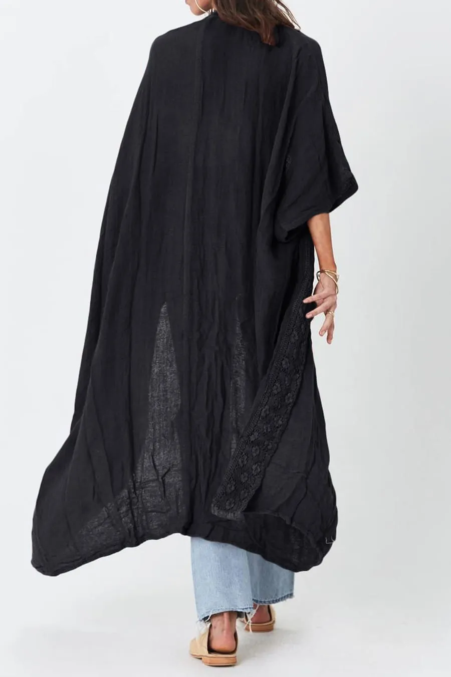 Solid Embroidery Half Sleeve Flowy Kimono Cardigan