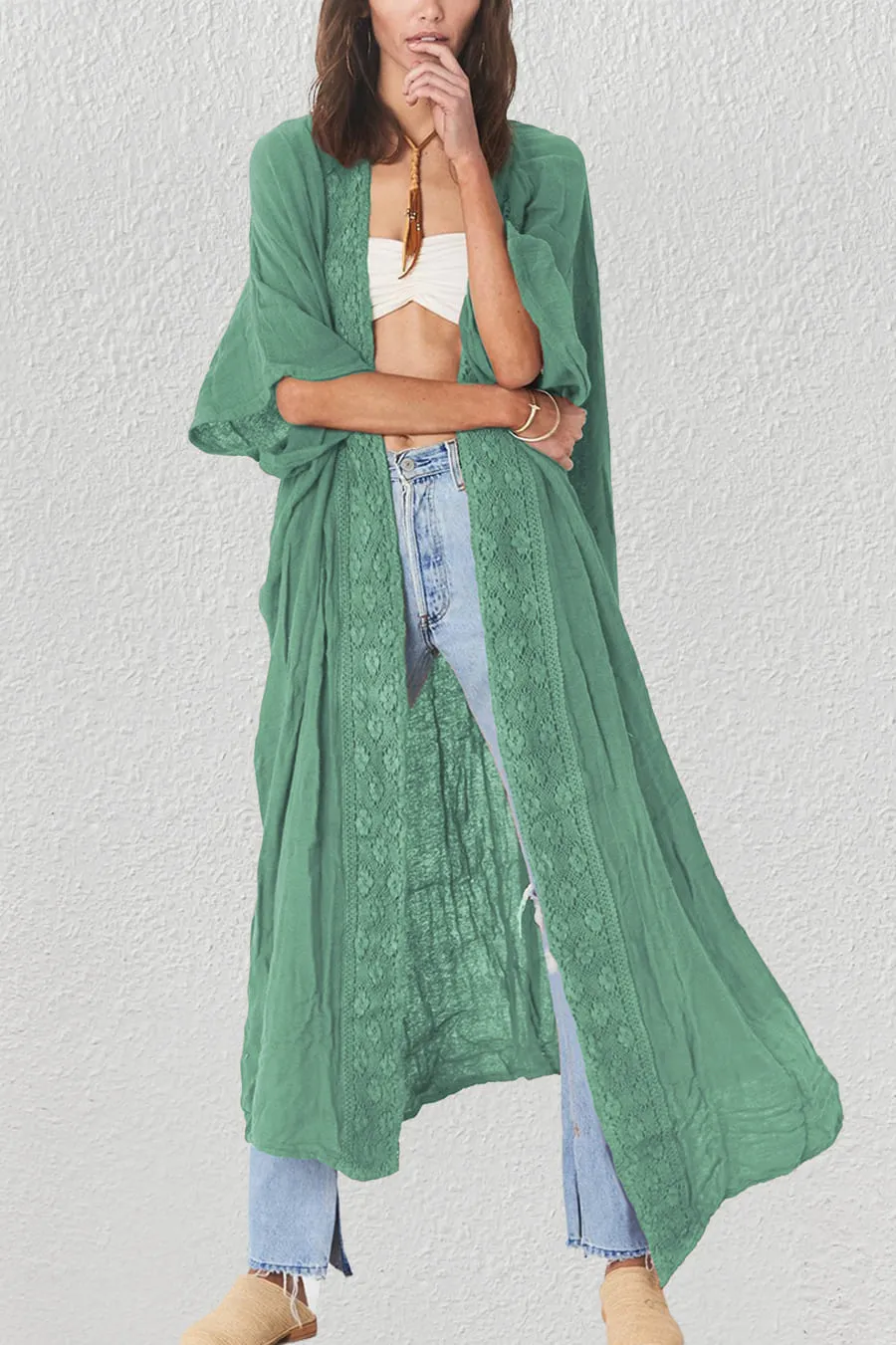 Solid Embroidery Half Sleeve Flowy Kimono Cardigan