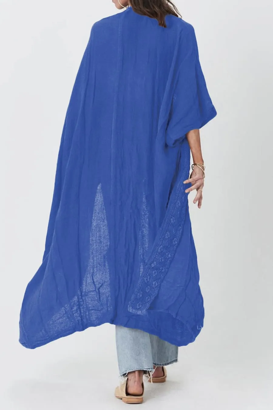 Solid Embroidery Half Sleeve Flowy Kimono Cardigan