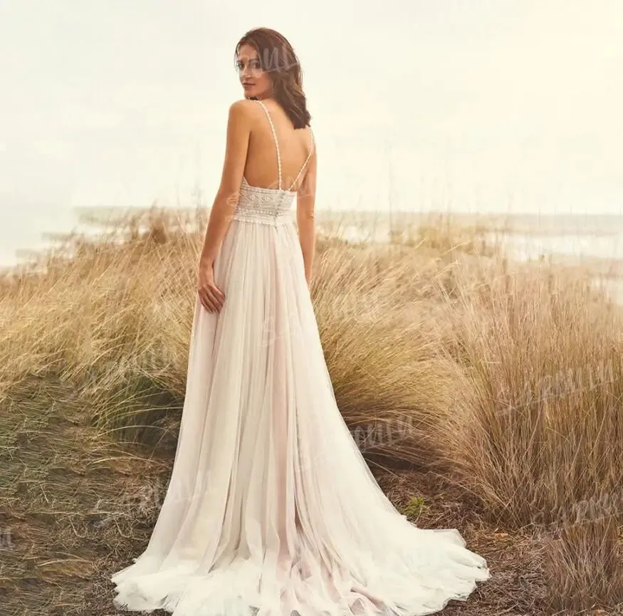 Spaghetti Straps A-line Wedding Dress V-neck Backless Tulle Bride Dresses Wedding
