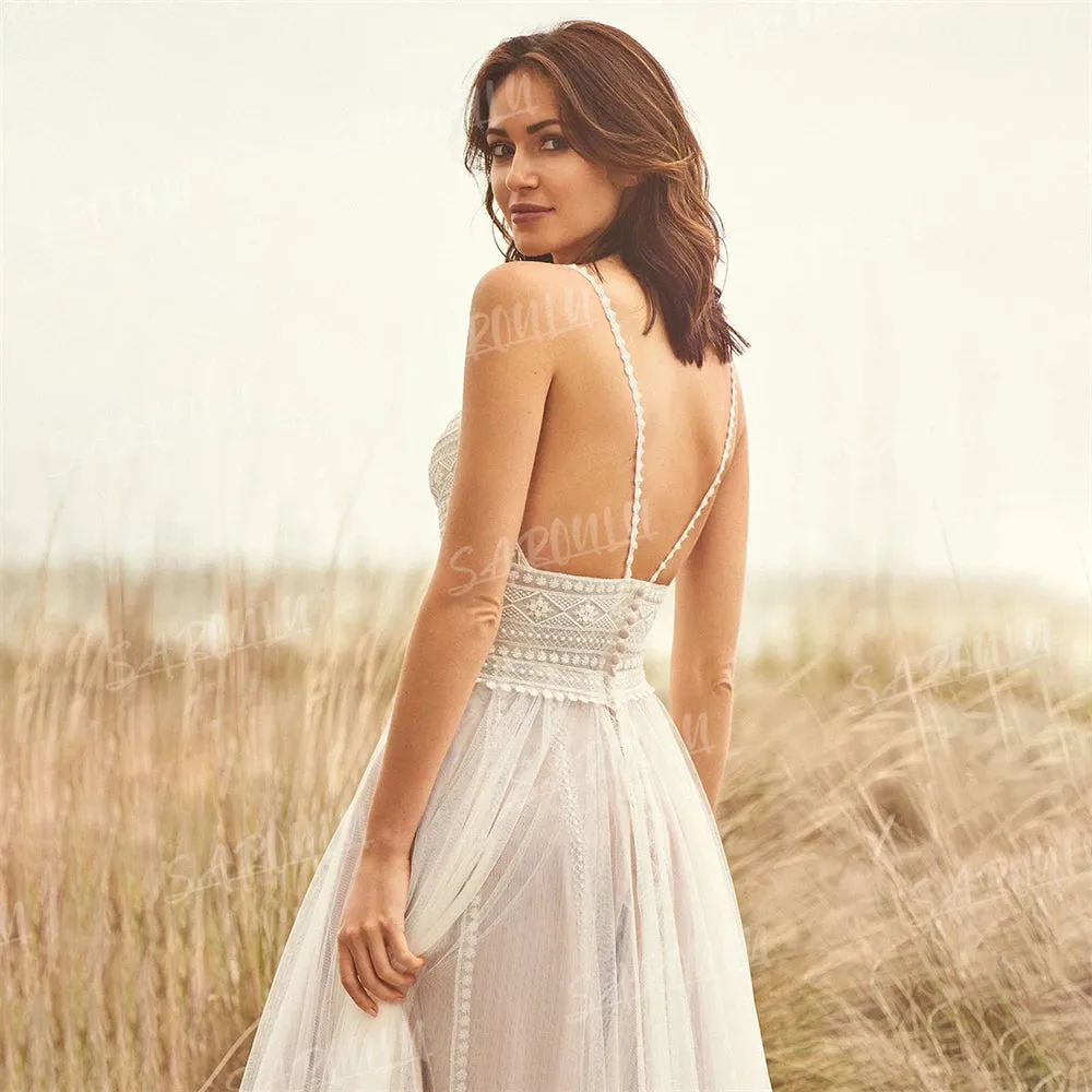 Spaghetti Straps A-line Wedding Dress V-neck Backless Tulle Bride Dresses Wedding