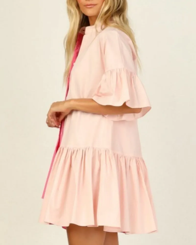 Splicing Shirred Frill Ruffles Sleeve Shirts Mini Dresses