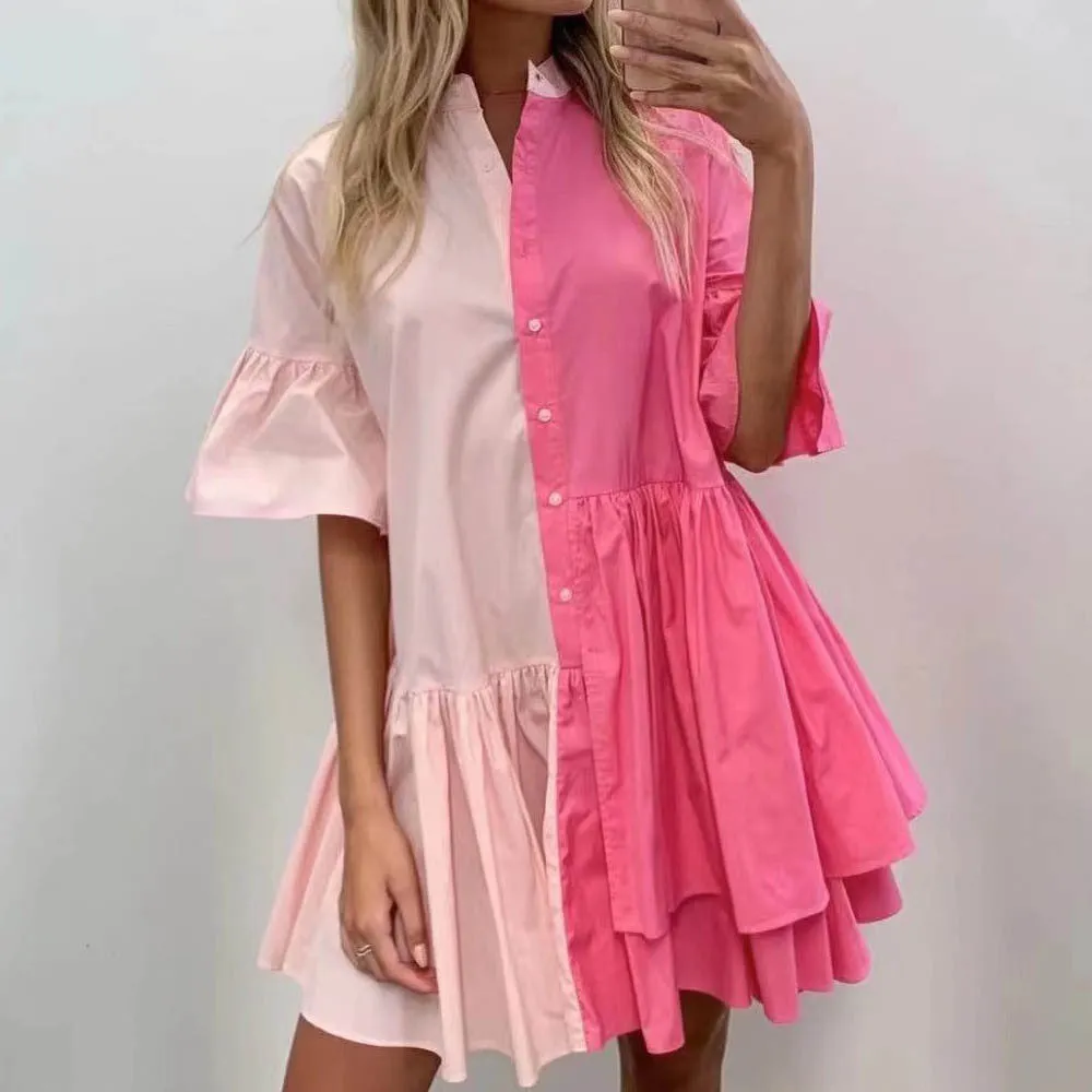 Splicing Shirred Frill Ruffles Sleeve Shirts Mini Dresses