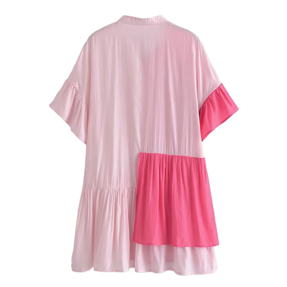 Splicing Shirred Frill Ruffles Sleeve Shirts Mini Dresses