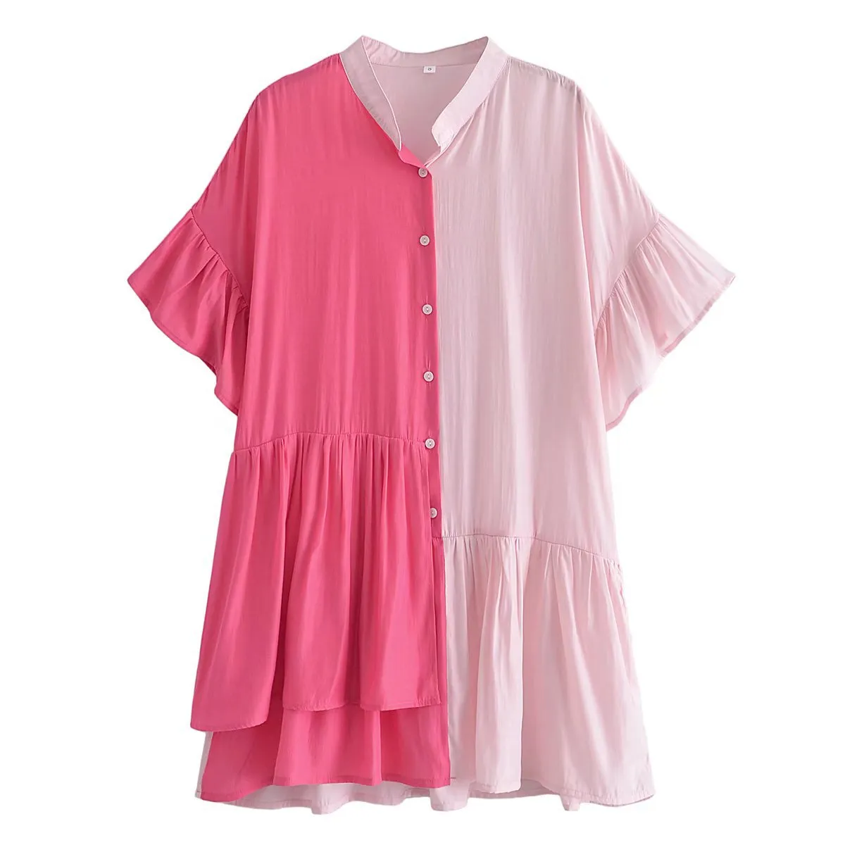 Splicing Shirred Frill Ruffles Sleeve Shirts Mini Dresses