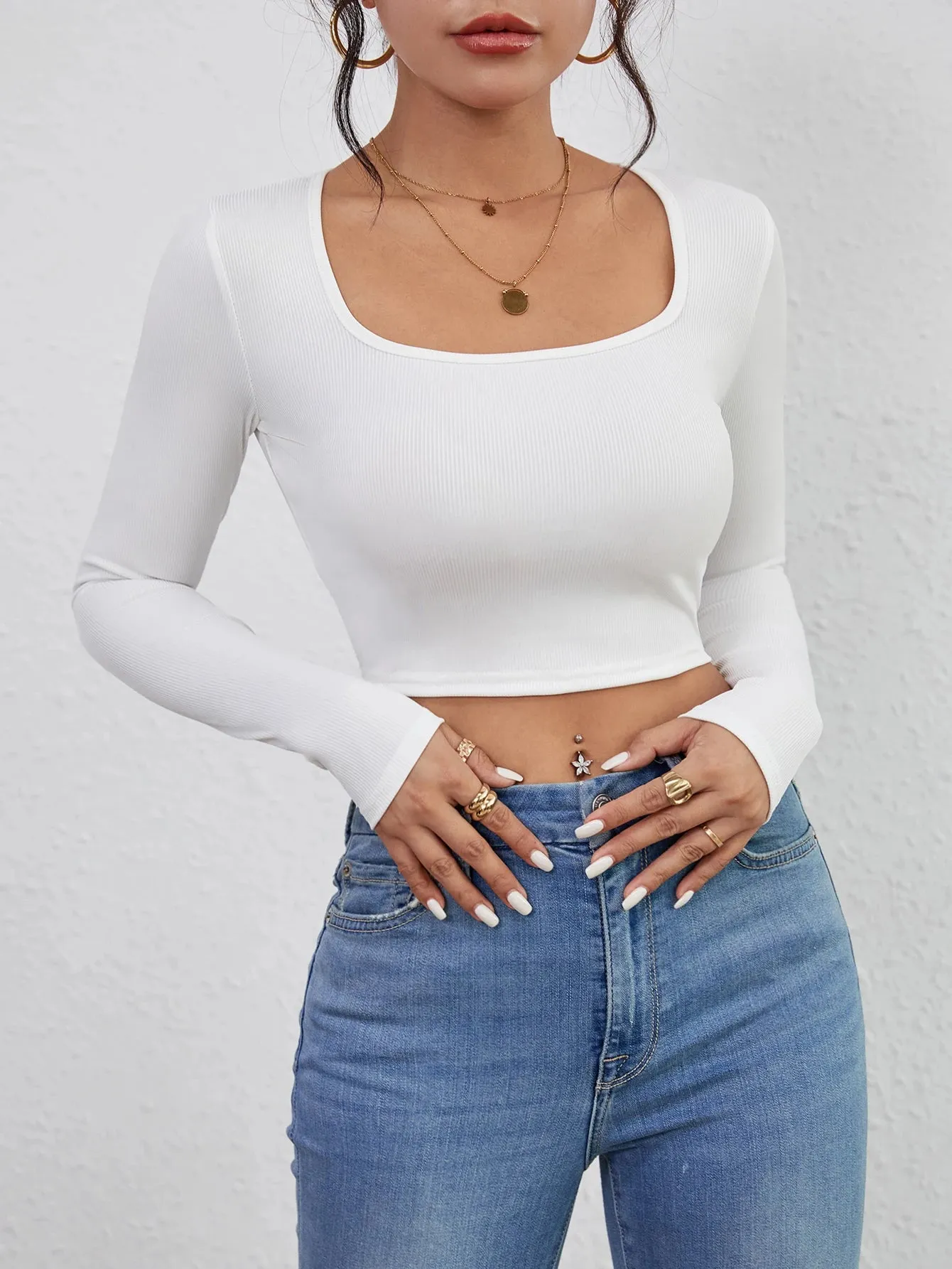 Square Neck Cropped T-Shirt | Casual Long Sleeve Solid Tee