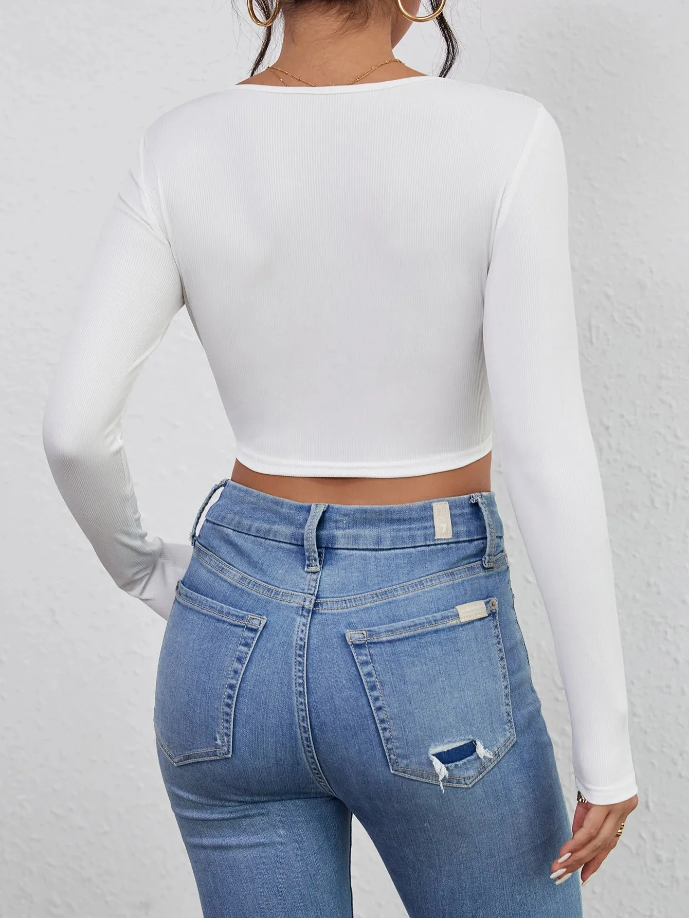 Square Neck Cropped T-Shirt | Casual Long Sleeve Solid Tee