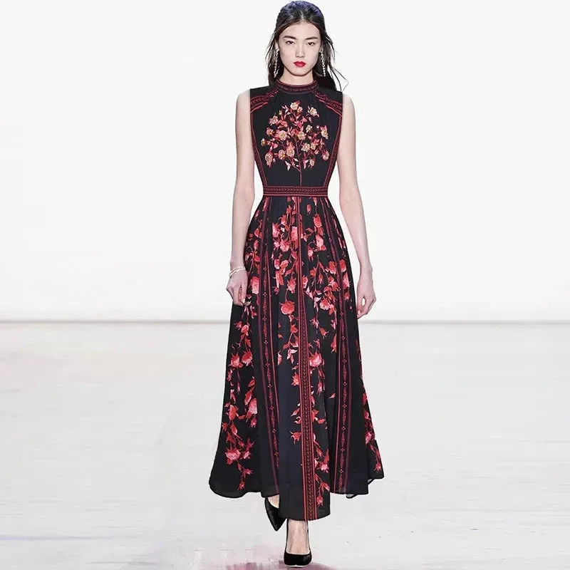 Stand Collar Sleeveless Beading Crystal Vintage Print Black Dresses