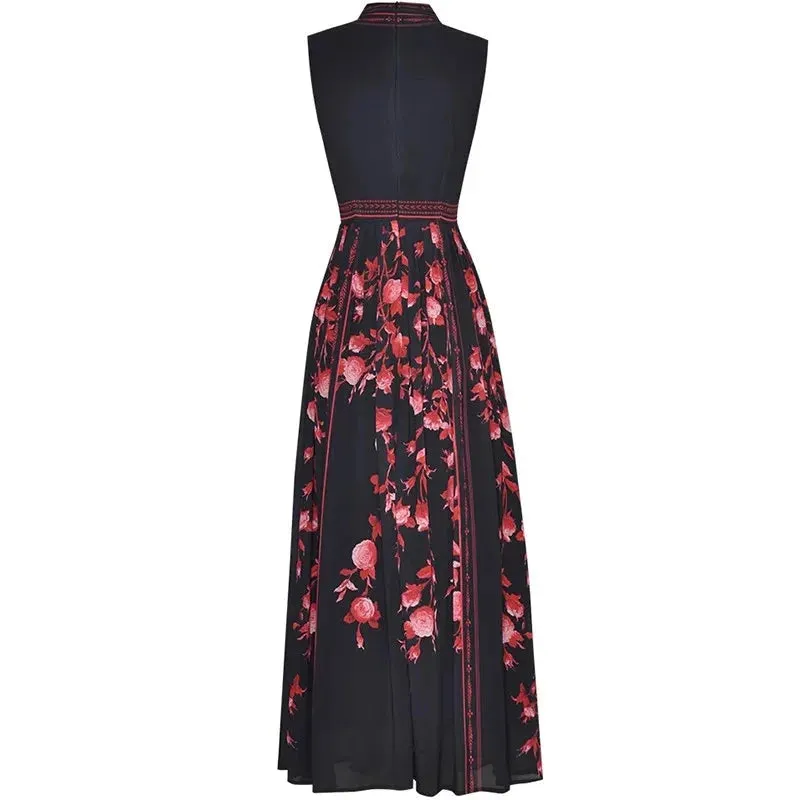 Stand Collar Sleeveless Beading Crystal Vintage Print Black Dresses