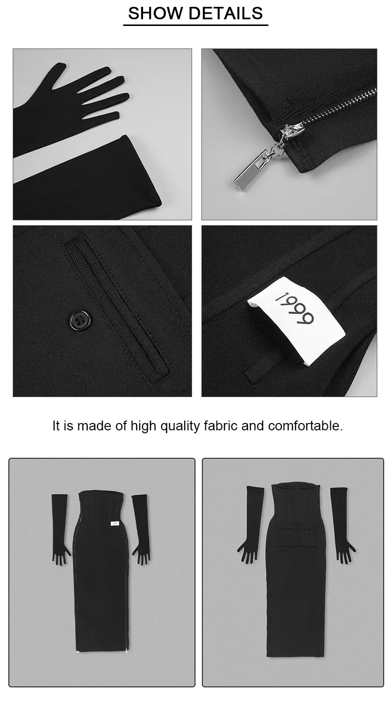 Strapless Sexy High Split Zipper Design Tight Black Bandage Long Gowns With Gloves