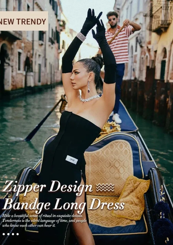 Strapless Sexy High Split Zipper Design Tight Black Bandage Long Gowns With Gloves