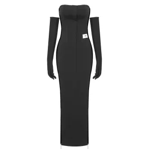 Strapless Sexy High Split Zipper Design Tight Black Bandage Long Gowns With Gloves