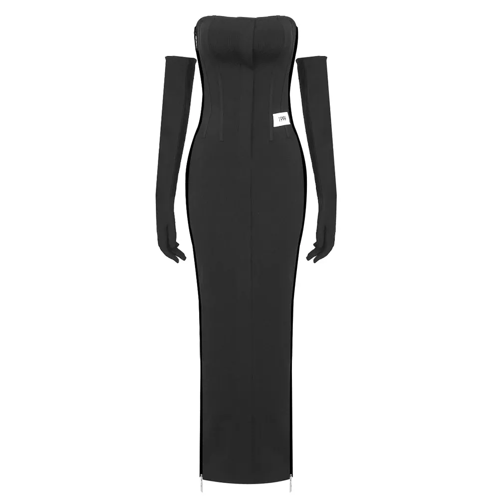 Strapless Sexy High Split Zipper Design Tight Black Bandage Long Gowns With Gloves