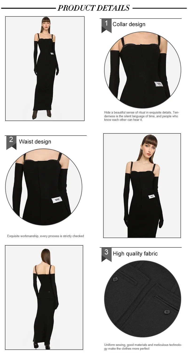 Strapless Sexy High Split Zipper Design Tight Black Bandage Long Gowns With Gloves