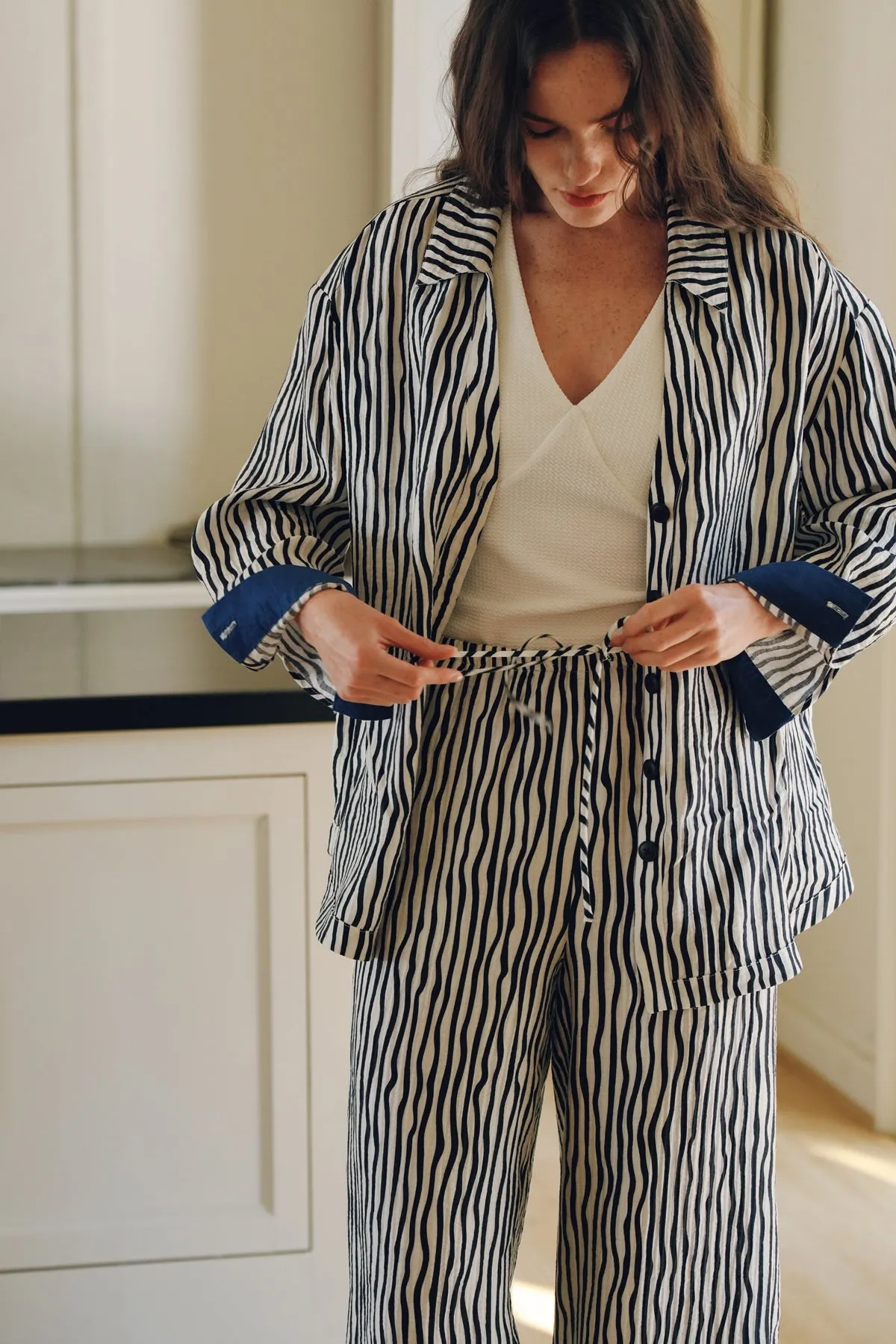 Stripe Tencel-Cotton Blend Wide Pants