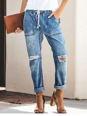 Stunncal Drawstring elastic waist ripped denim pants casual pants