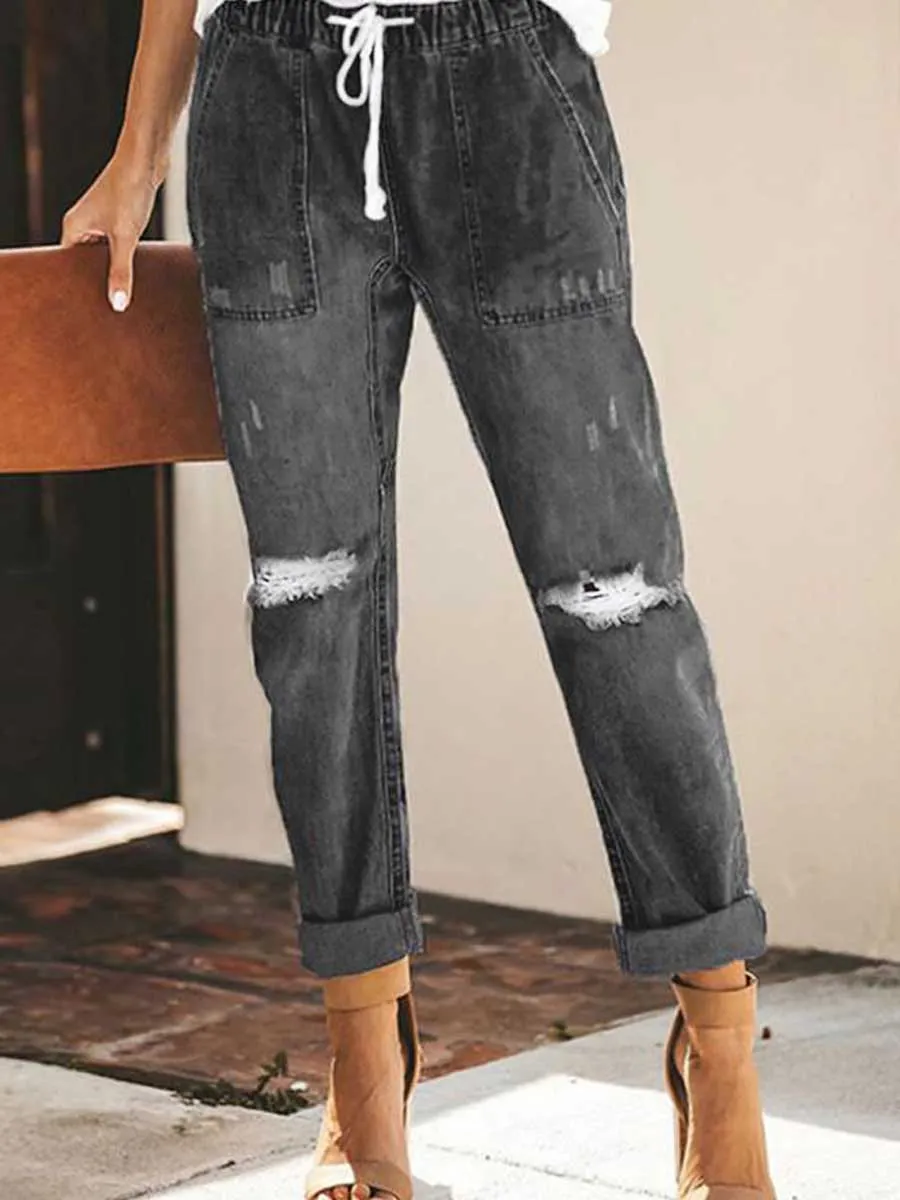 Stunncal Drawstring elastic waist ripped denim pants casual pants